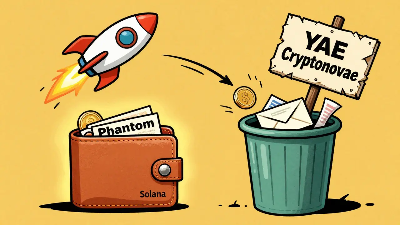 Phantom wallet receiving real airdrop tokens while fake YAE signs fall into trash, retro cartoon style.