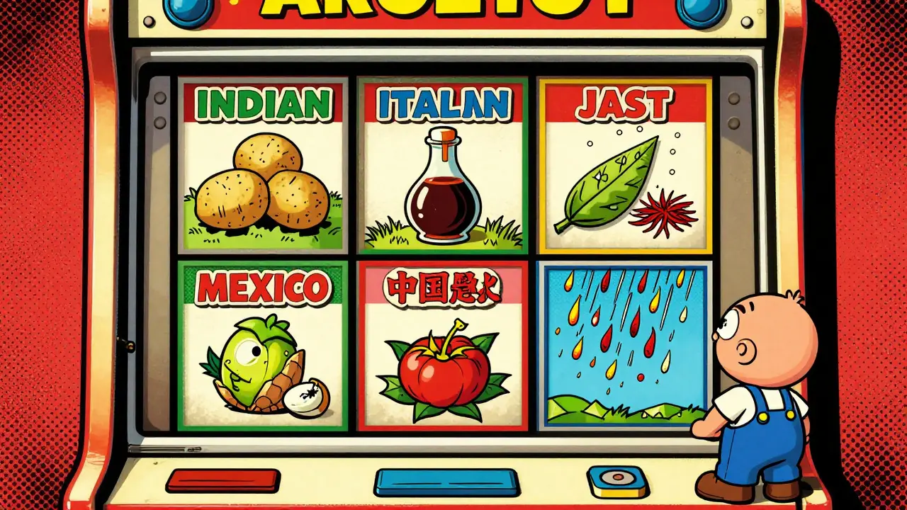 Retro arcade-style wallet interface with six farming pool slot machines spinning out cartoon food NFTs during a meteor shower of rare items.