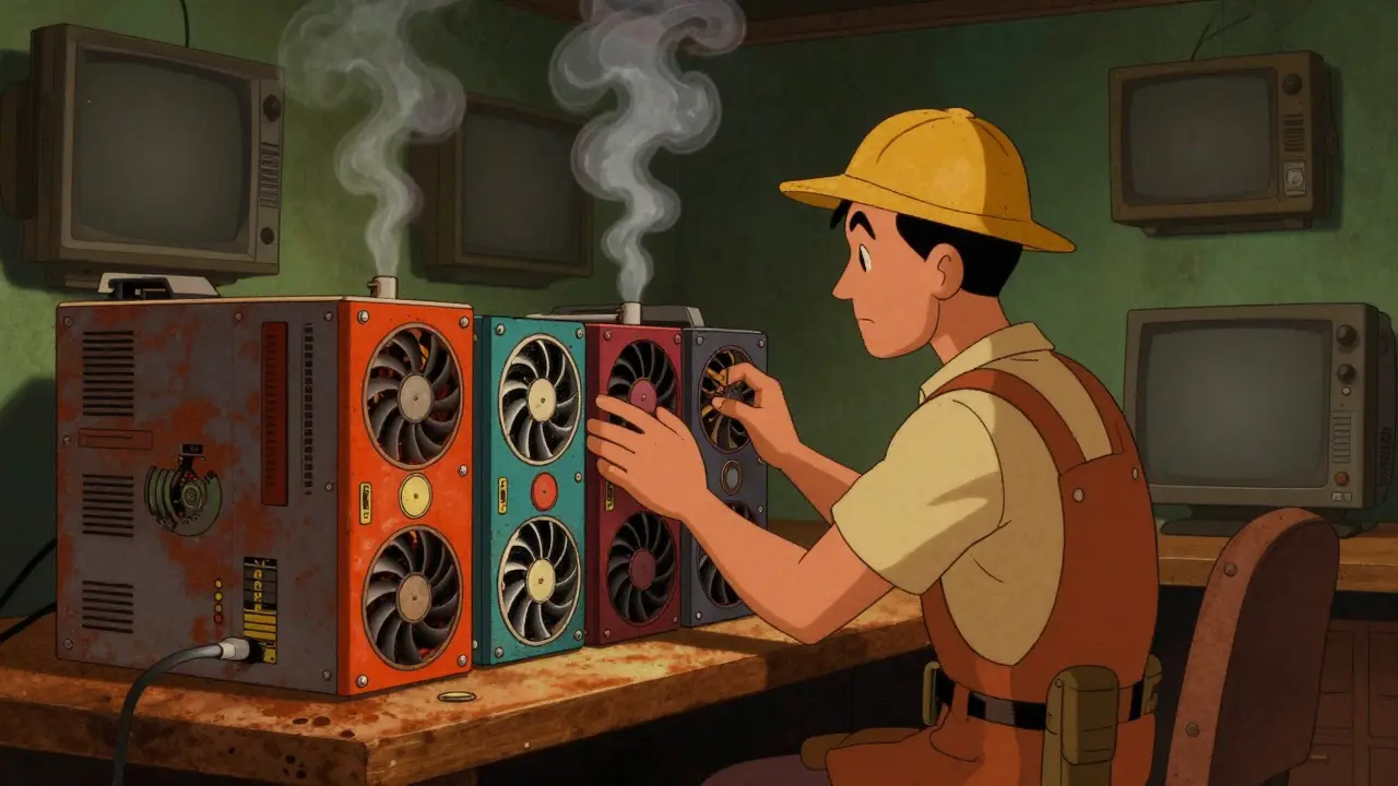 Retro illustration of a miner using old-fashioned computer hardware in a lab.