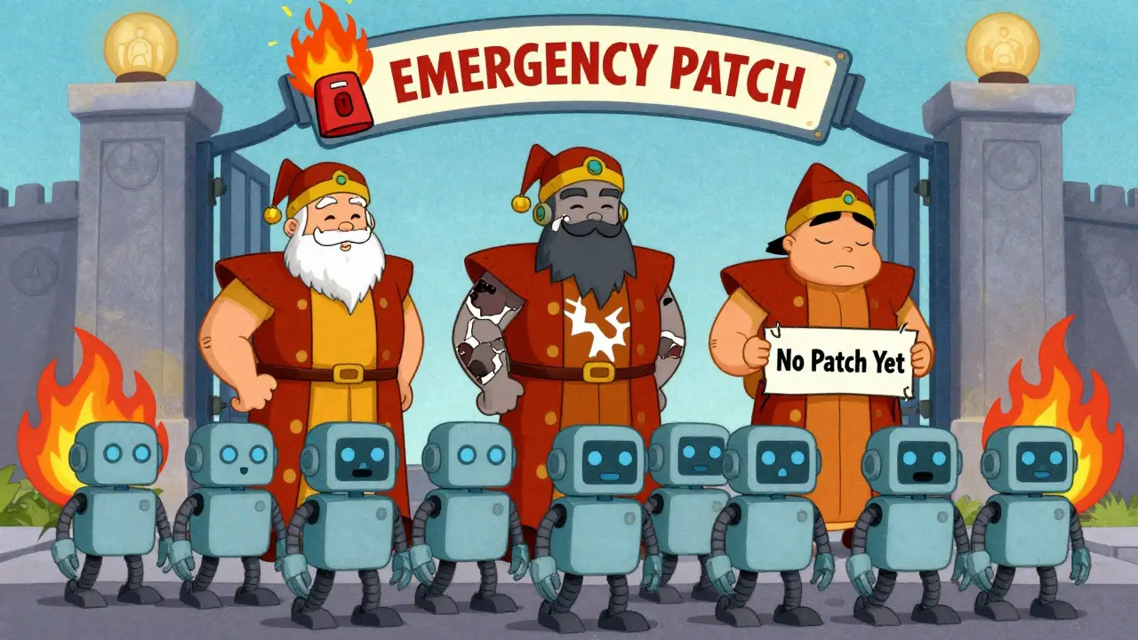 Three oracles at a blockchain gate — one patched, one broken, one asleep — while a fire alarm blares.