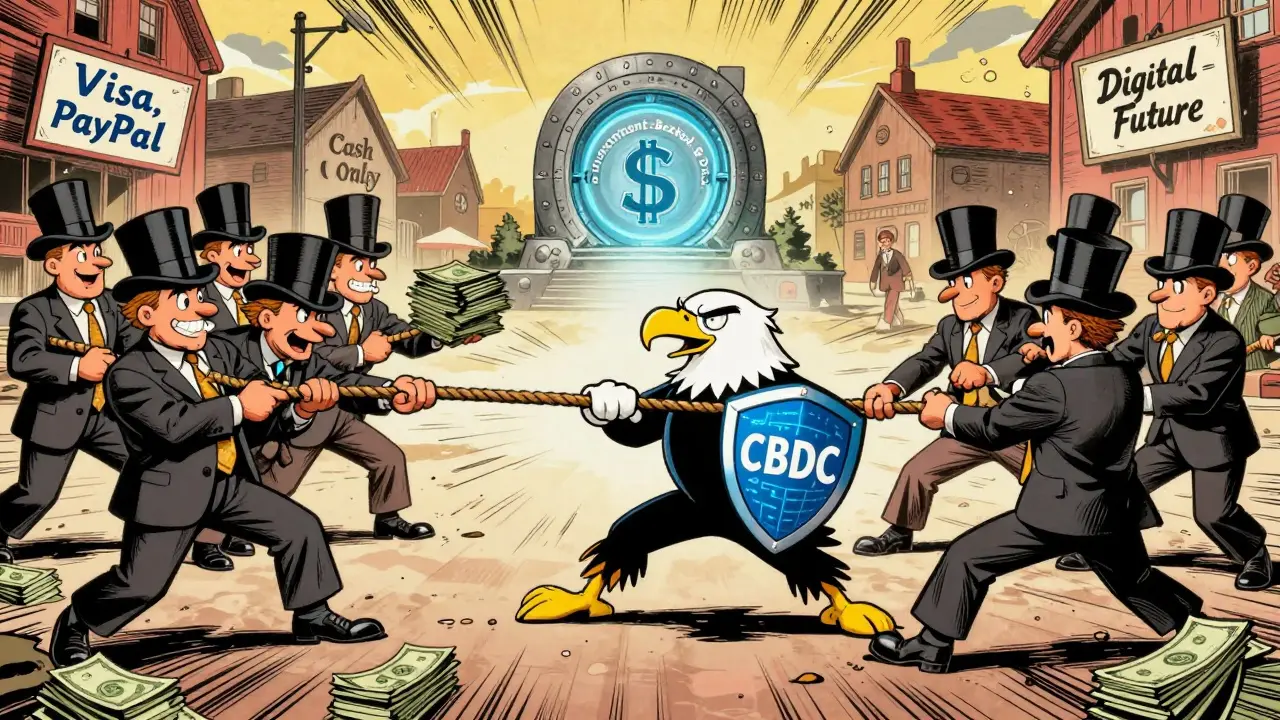 Tug-of-war between private payment companies and a central bank mascot over digital currency.
