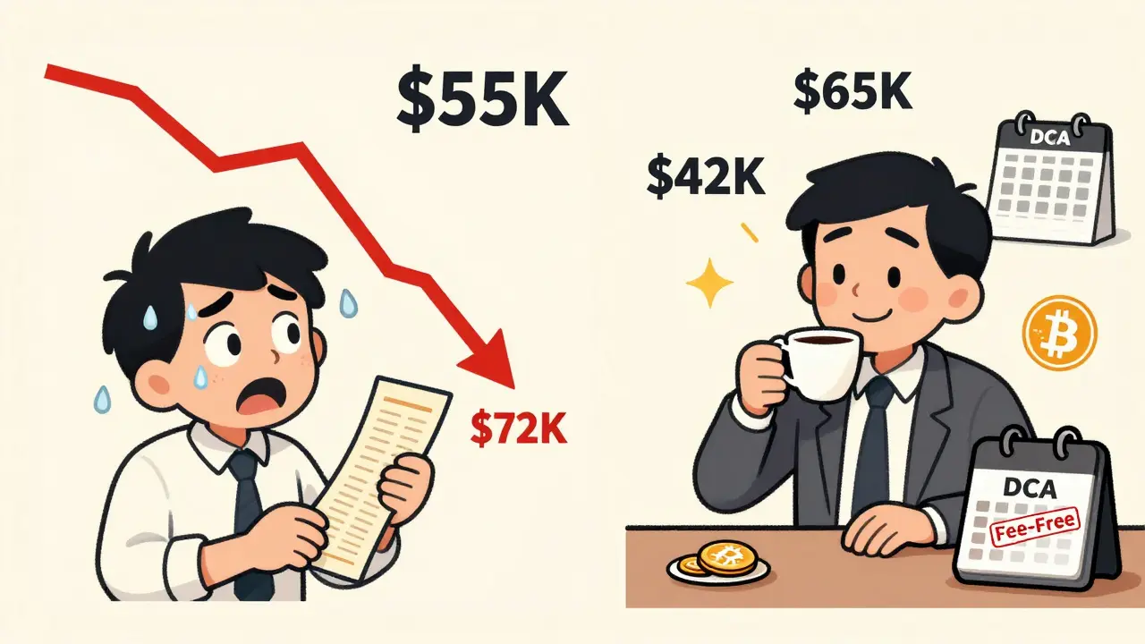 Two contrasting crypto investing paths: panic vs. calm, shown in vintage cartoon style with exaggerated emotions.