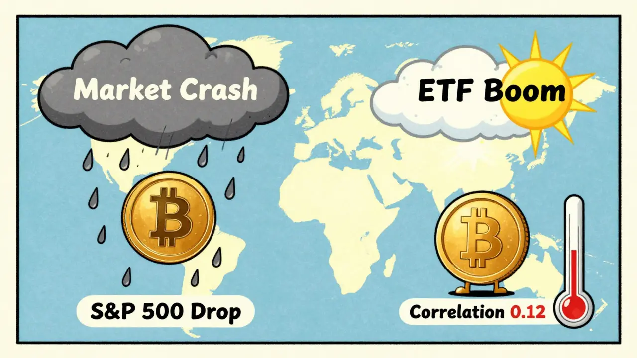 Weather map showing Bitcoin in a storm and Gold in sunshine, illustrating low correlation between crypto and gold.
