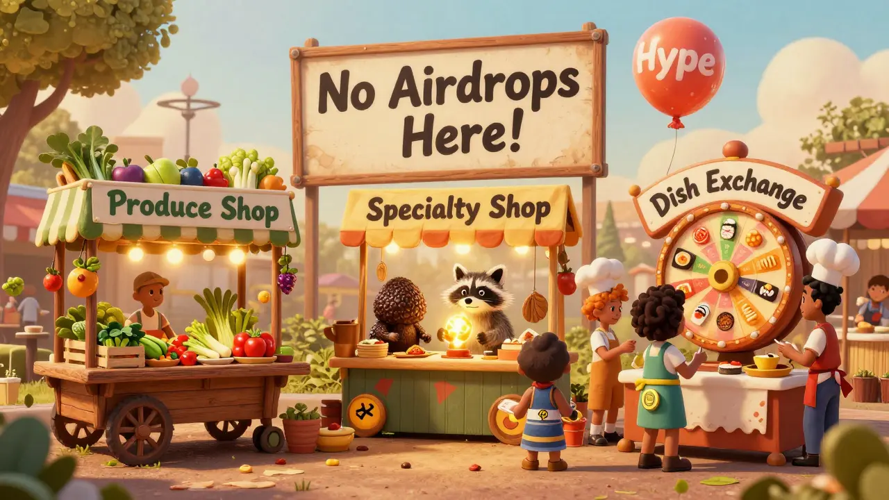 Whimsical Farmer’s Market with three stalls selling ingredient and dish NFTs, cartoon characters bartering, and a 'No Airdrops Here!' sign in the background.