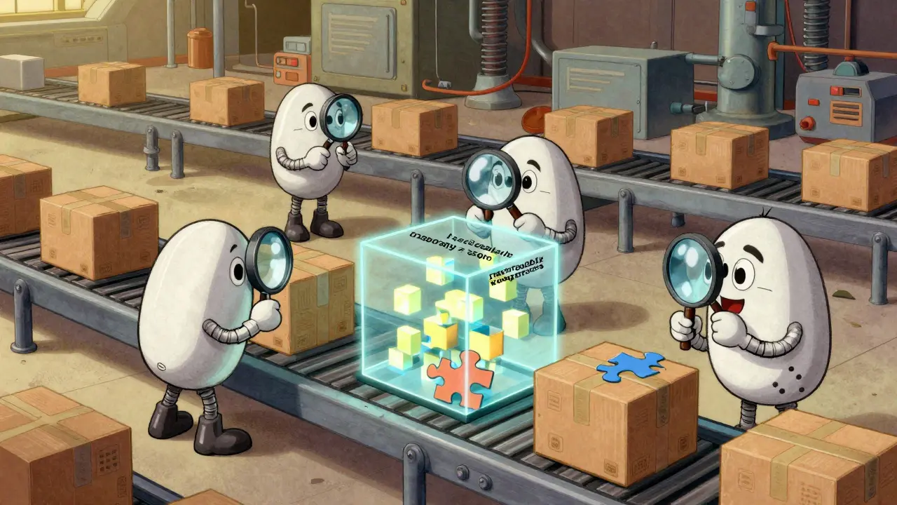 Workers inspecting data boxes on a conveyor belt in vintage art.