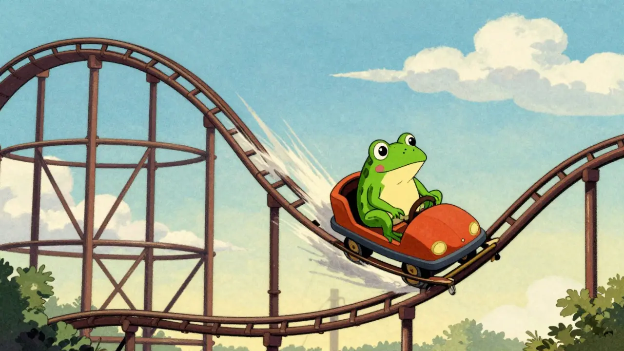 A cartoon green frog riding a rollercoaster shaped like a volatile price chart.