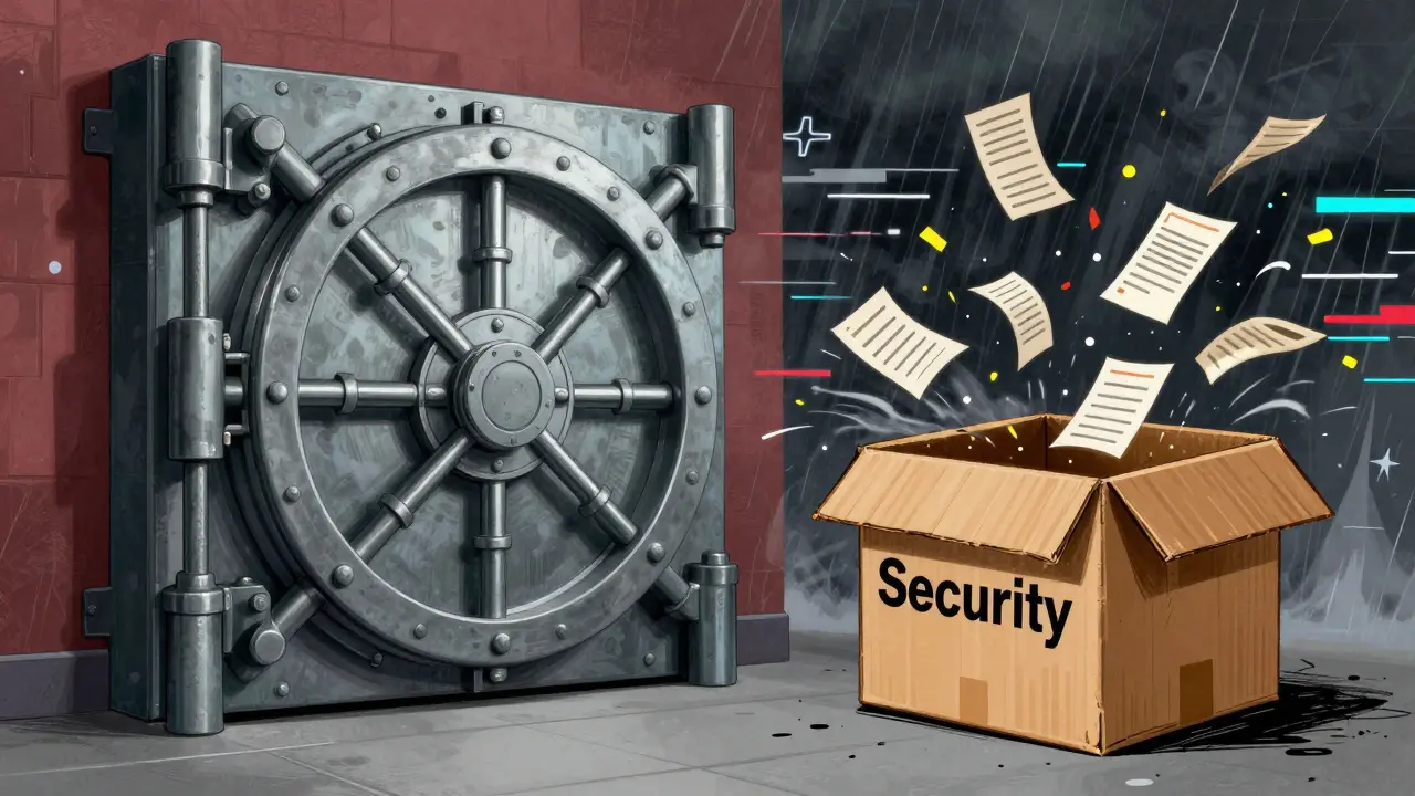 A comparison between a secure iron vault and a flimsy cardboard box leaking documents.