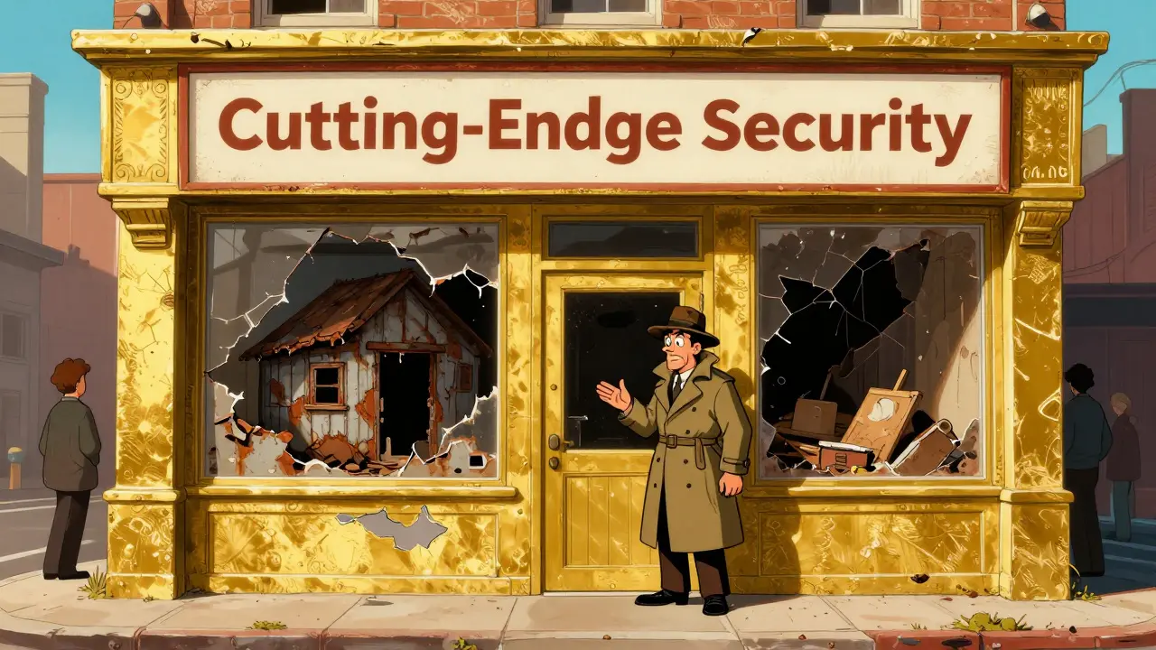 A flashy but crumbling fake crypto exchange storefront with a suspicious man in a fedora.