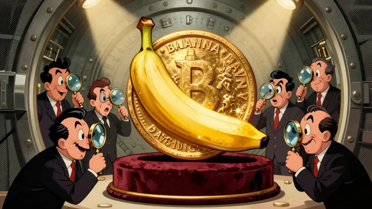 A golden BANANA token displayed as a trophy in a secure comic-style vault.