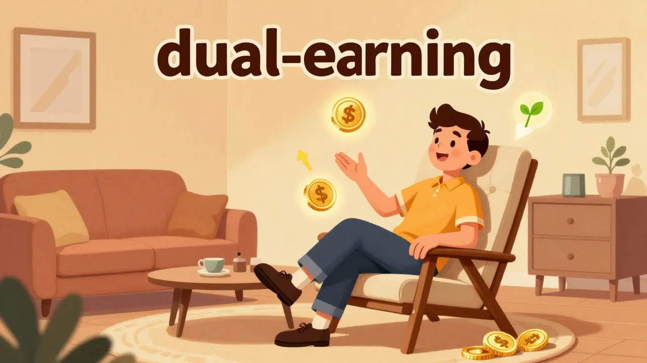 A relaxed person juggling two glowing tokens representing multiple earnings.