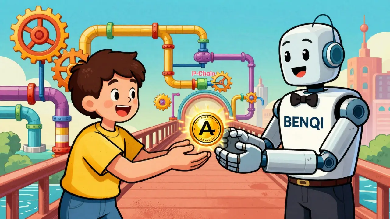 A robot concierge exchanging an AVAX coin for a glowing sAVAX token.