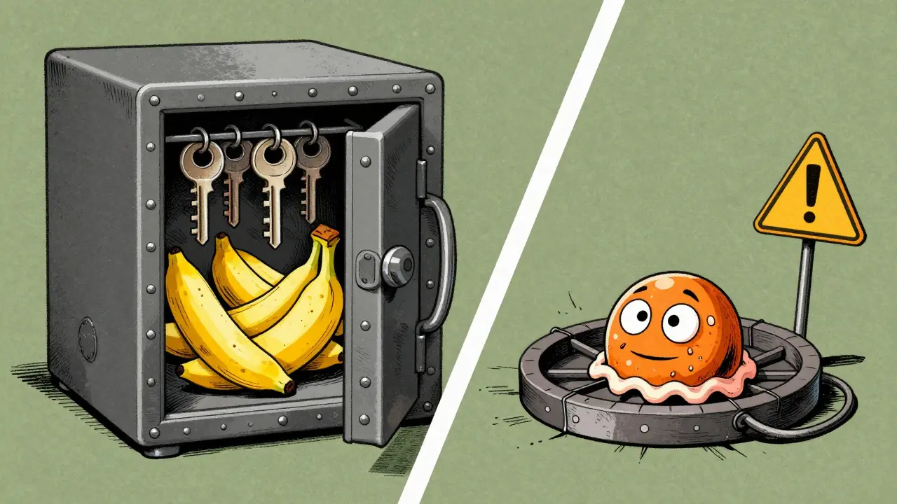 A secure multisig safe contrasted with a deceptive honeypot trap in vintage cartoon style.