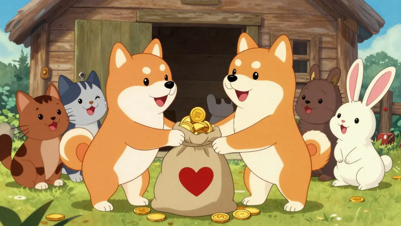 A Shiba Inu dog donating gold coins to other animals at a shelter in vintage cartoon style.