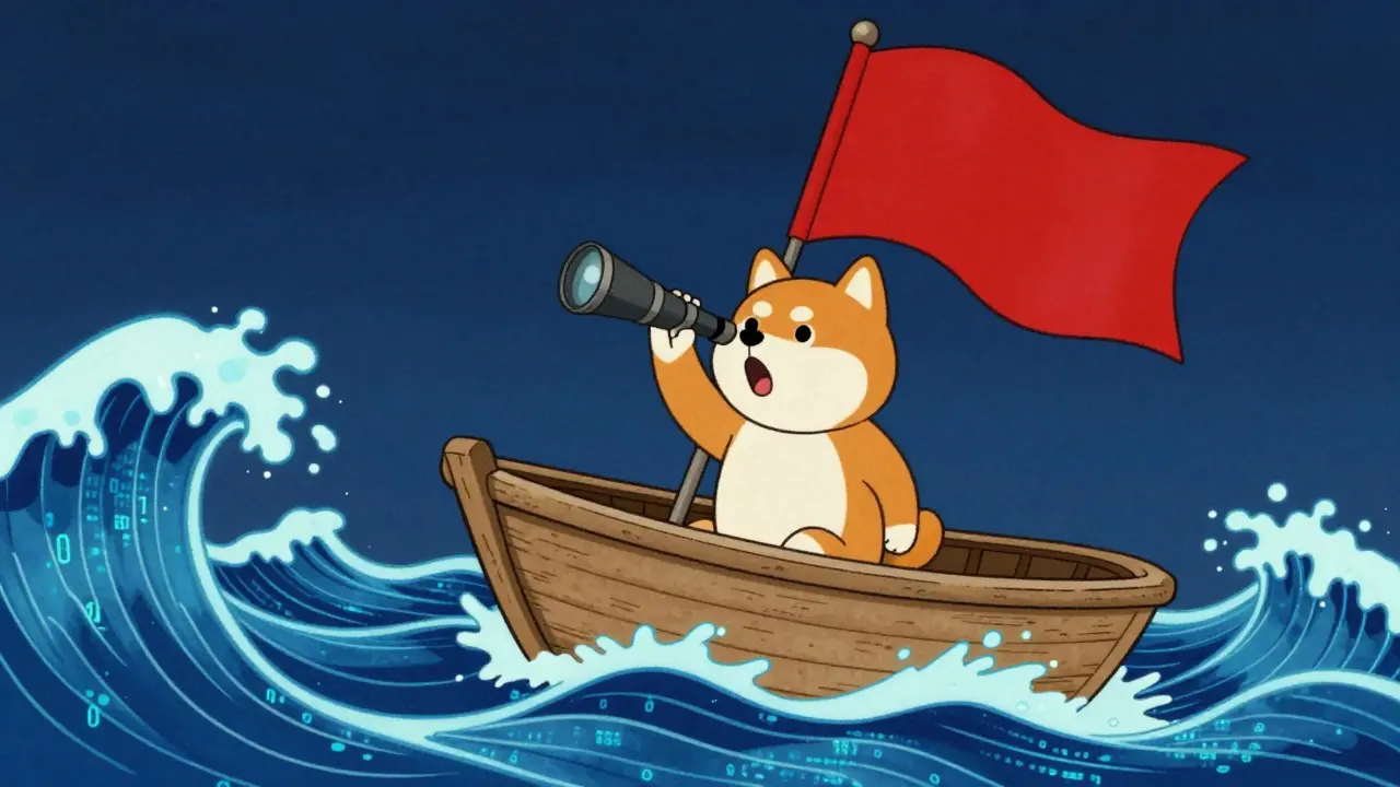 A Shiba Inu dog on a boat navigating jagged cryptocurrency waves with a red warning flag.