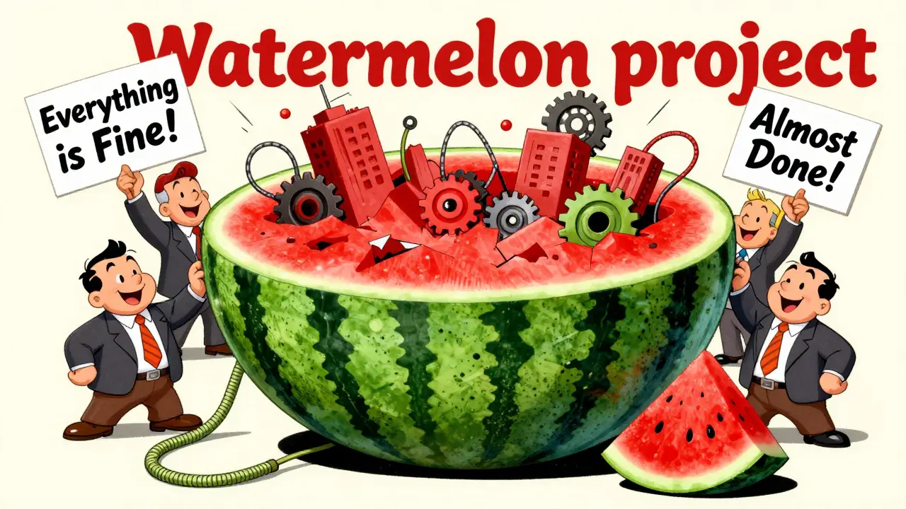 A sliced watermelon revealing a chaotic internal structure and optimistic business characters.