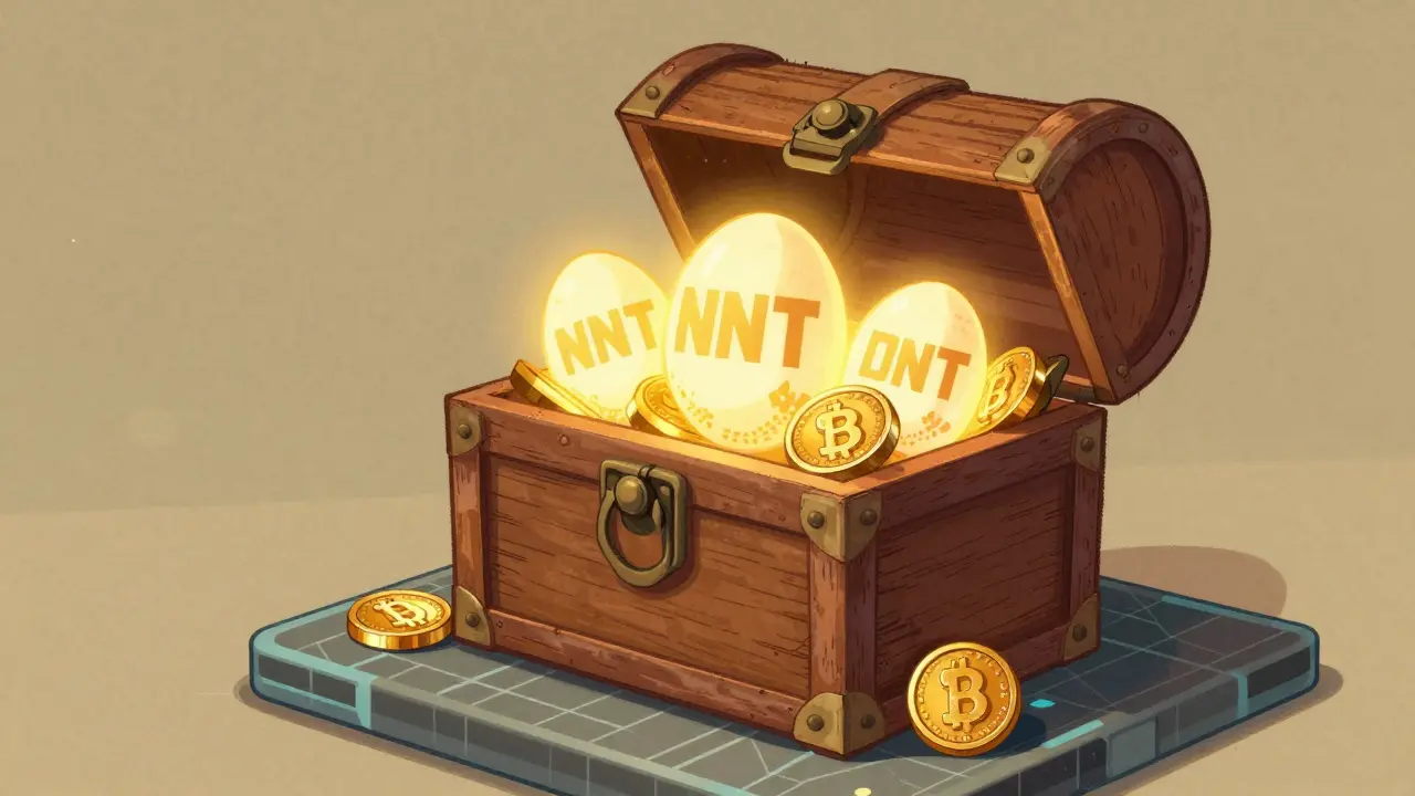 A treasure chest filled with glowing NFT eggs and gold tokens on a digital grid in vintage style.