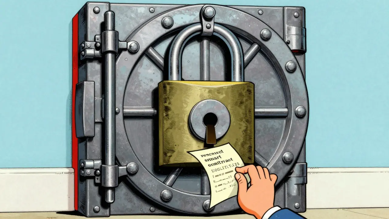 A vintage cartoon of a locked vault and a discarded contract parchment.