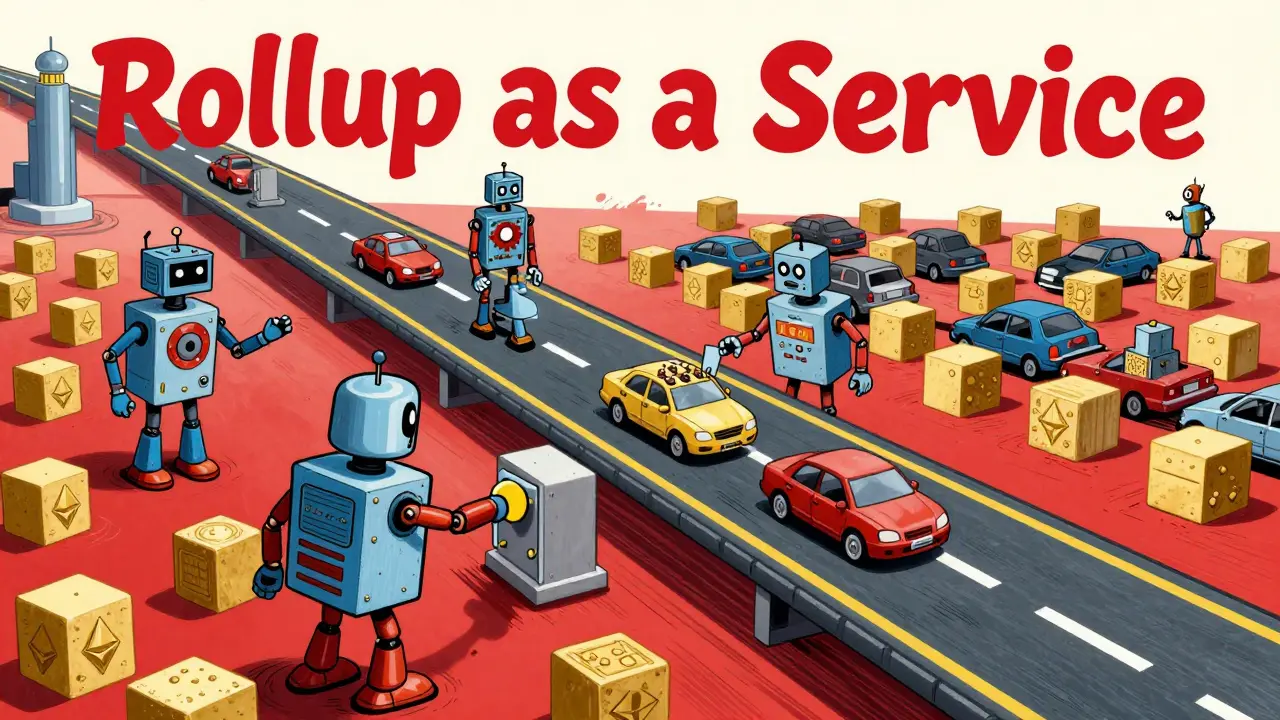 A whimsical cartoon factory building a fast Layer 2 blockchain highway.