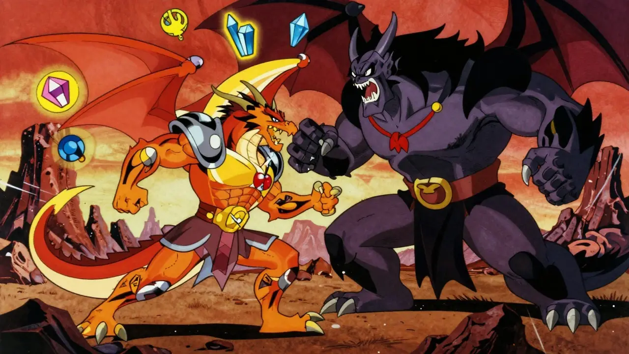 An epic battle between a heroic dragon and the Dark Lord Dragon in a retro cartoon illustration.