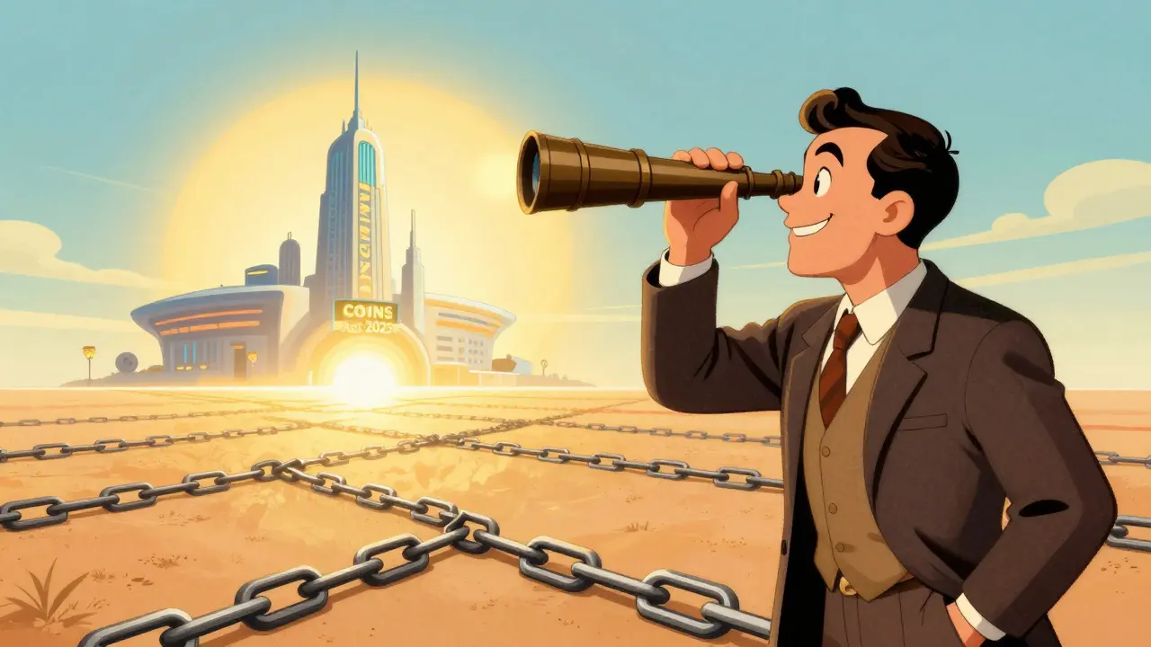 Business owner looking through a telescope toward a futuristic COINS Act 2025 building