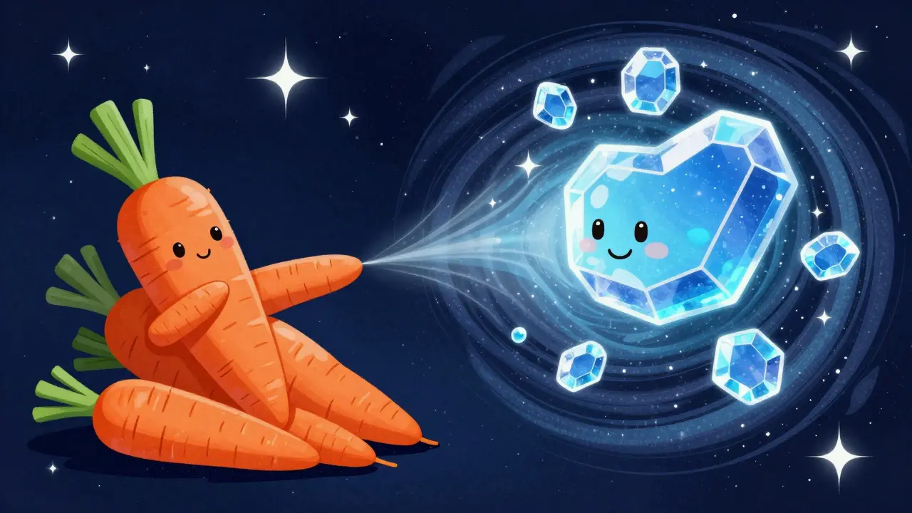 Cartoon CARROT tokens transforming into crystal PUFFER tokens through a cosmic portal.