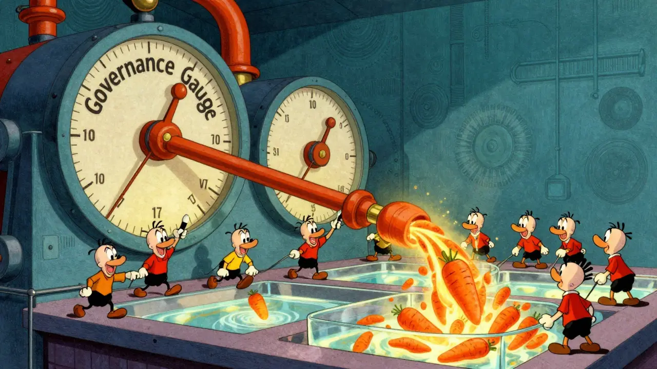 Cartoon characters operating a giant mechanical machine to distribute orange tokens.