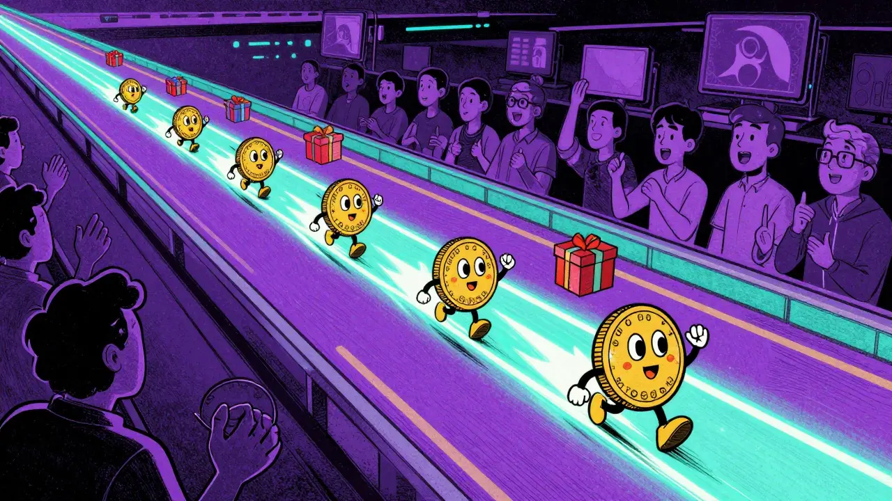 Cartoon coins racing on a neon highway toward cheering content creators