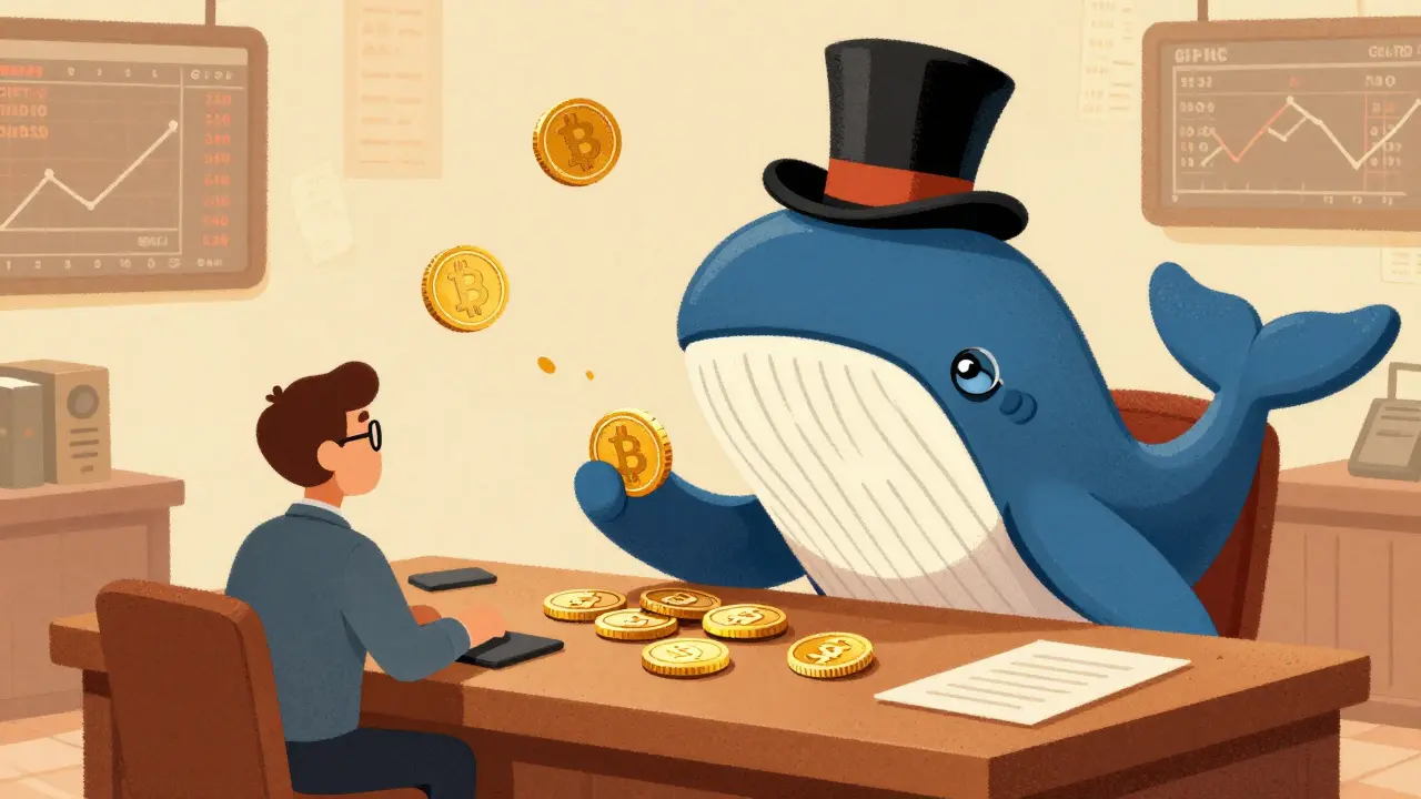 Cartoon illustration of a whale in a top hat performing an OTC crypto trade.