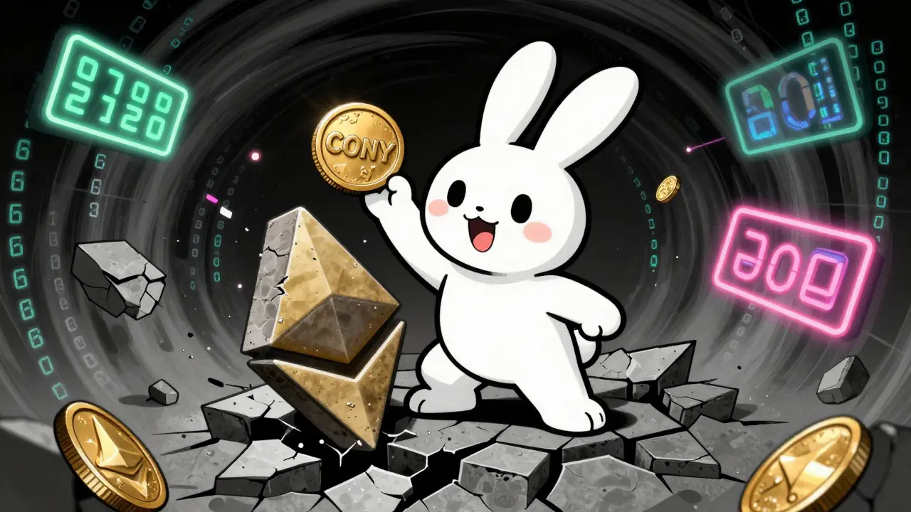 Cartoon rabbit holding a CONY coin on a cracking Ethereum logo