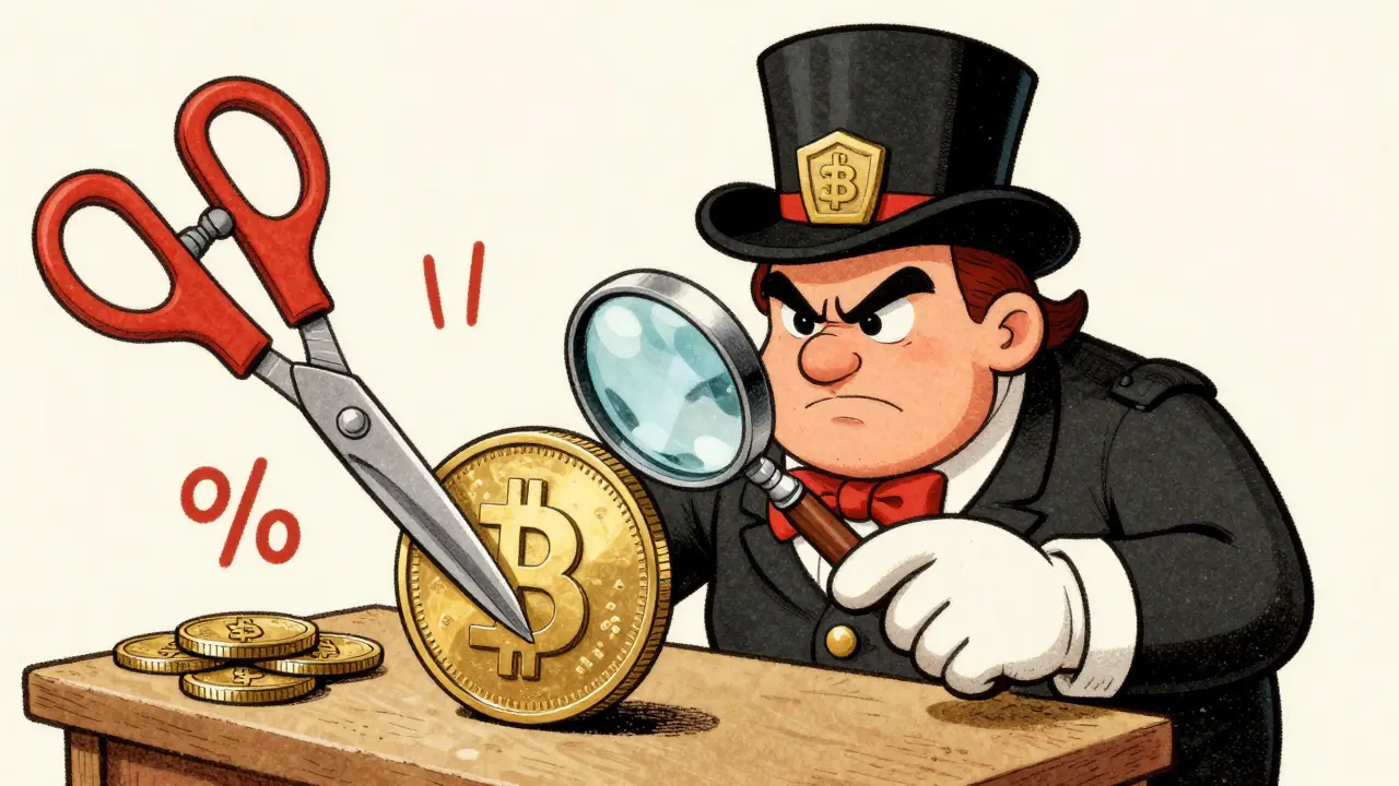 Cartoon tax official using scissors to cut a piece of a digital coin to represent a 30% tax