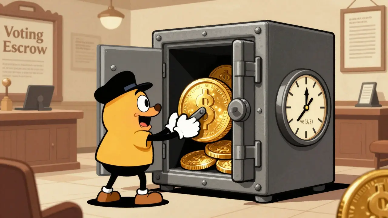 Character locking a giant coin in a vault with a clock in vintage cartoon style.
