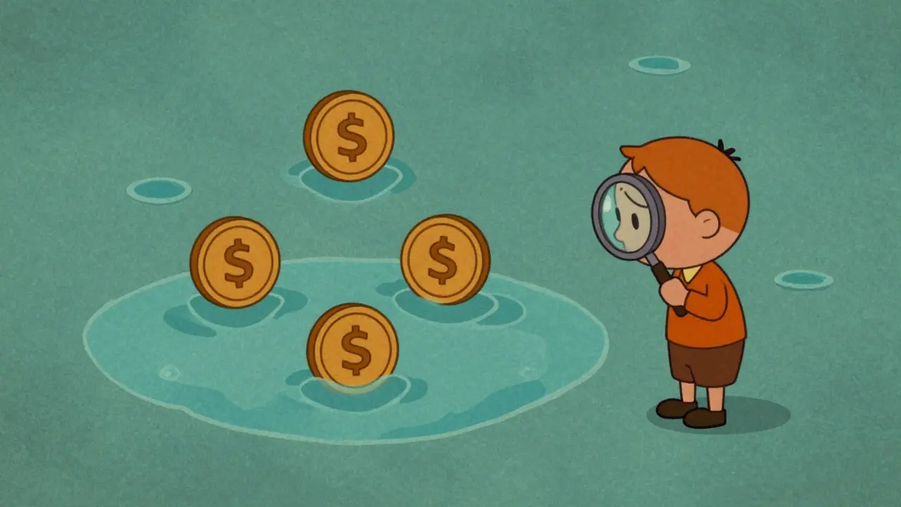 Character with a magnifying glass in a sparse digital marketplace, vintage illustration.