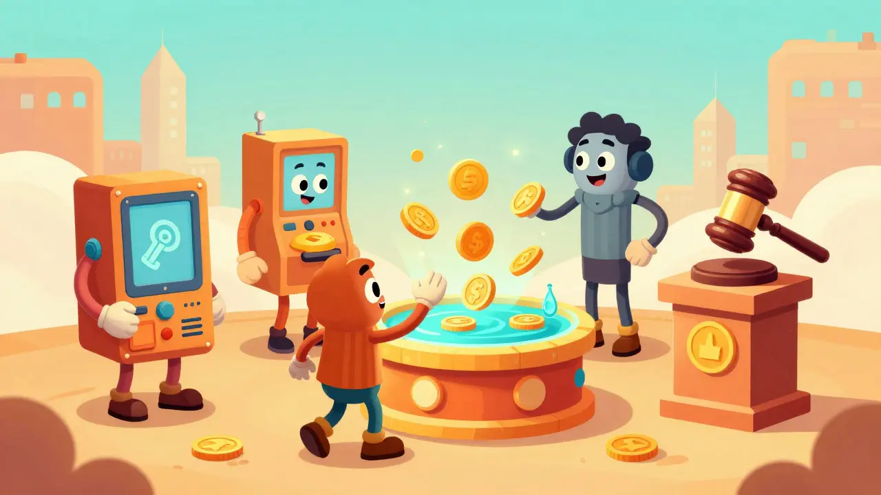 Characters interacting with X Wallet, Swap, Pool, and DAO stations in a retro cartoon city.