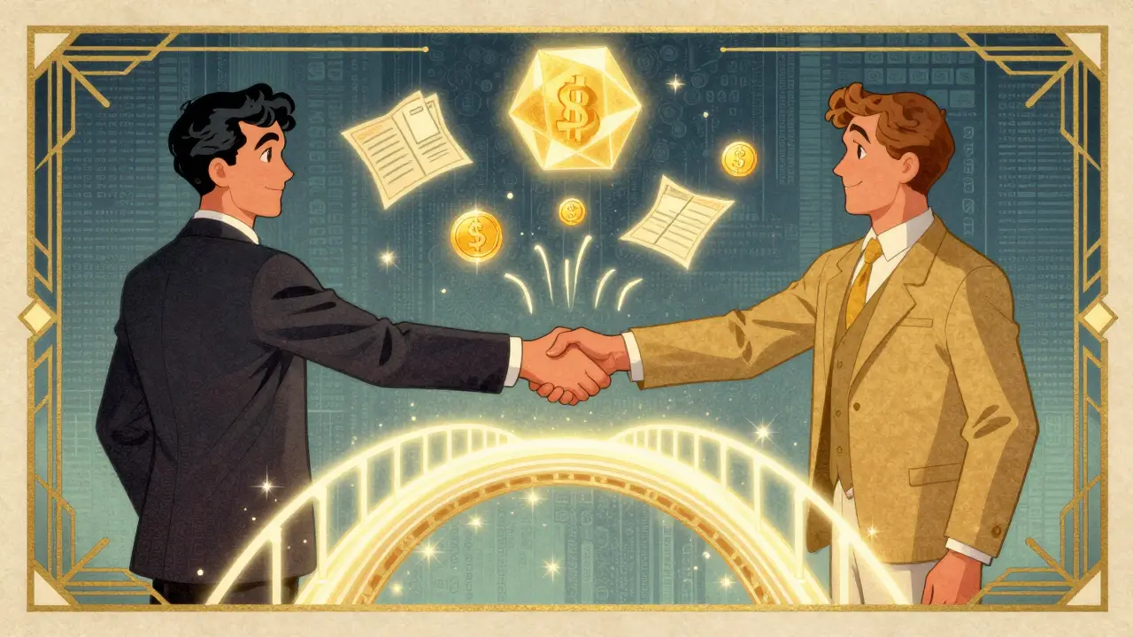 Digital handshake shows secure blockchain payment transfer process