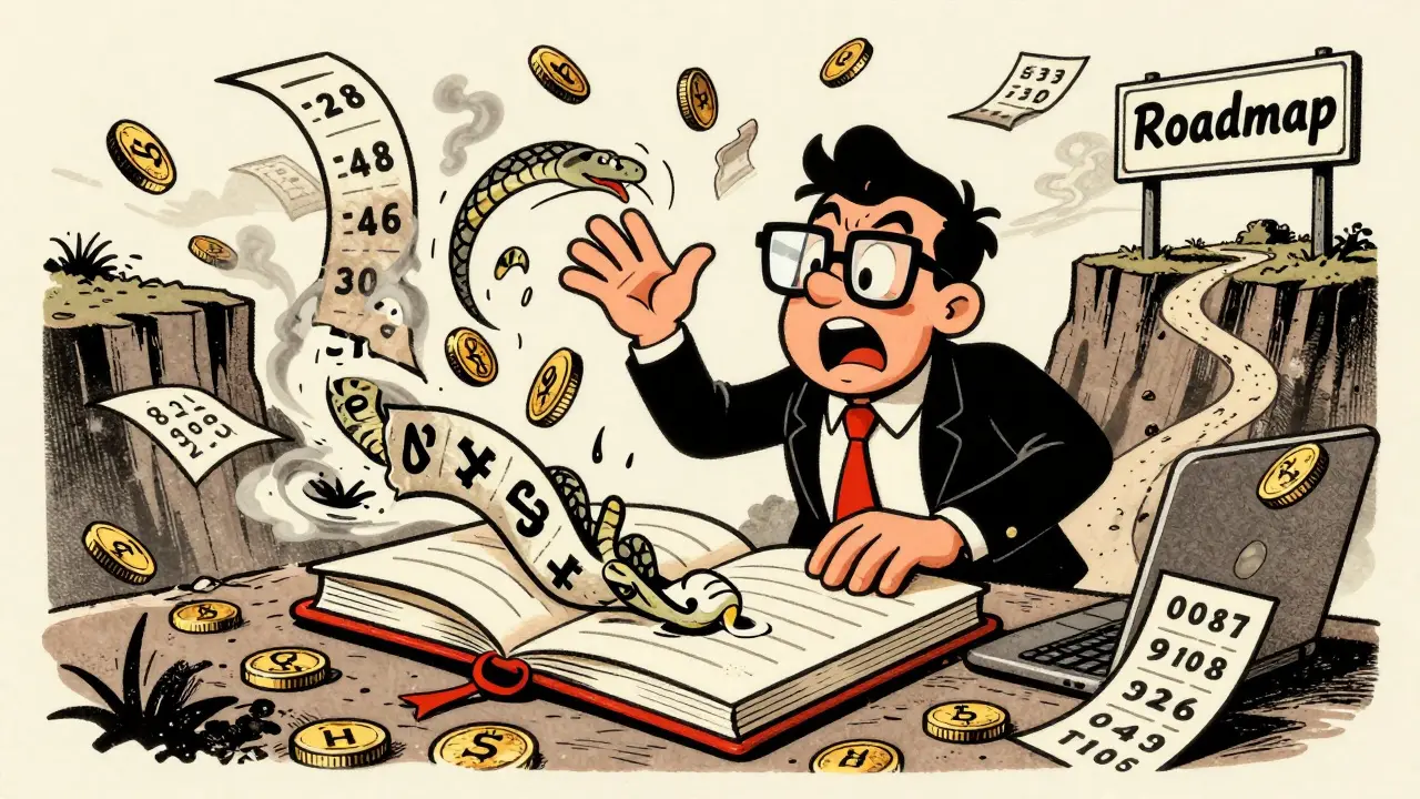 Frantic accountant struggling with chaotic financial records and a broken roadmap.