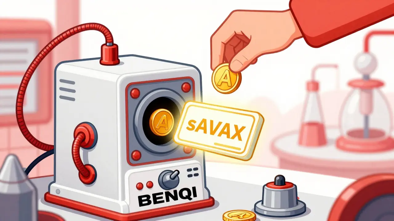 Retro cartoon showing AVAX being converted into sAVAX tokens via a BENQI machine.
