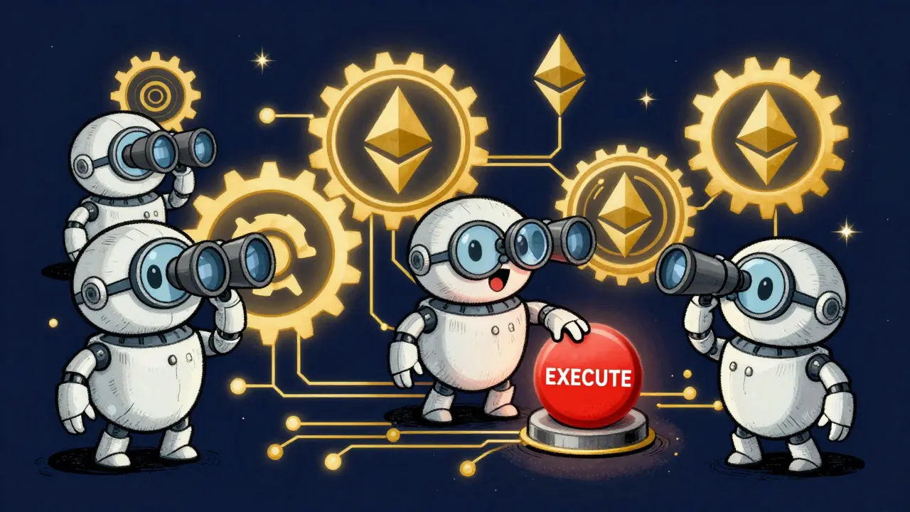 Small robot bots monitoring a glowing blockchain network with magnifying glasses.