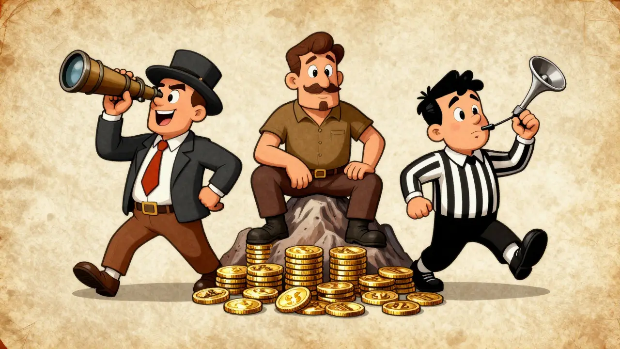 Vintage cartoon characters representing traders, stakers, and liquidators in a balanced ecosystem.