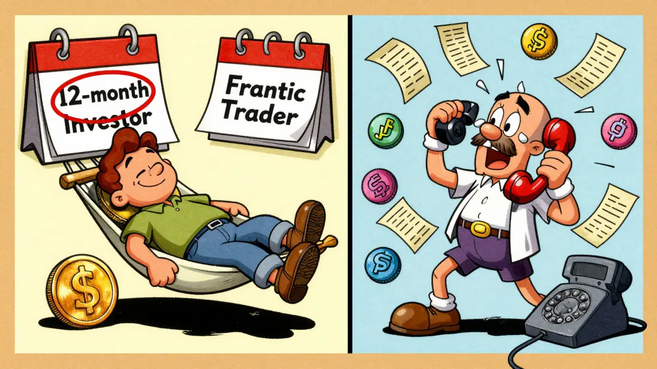 Vintage cartoon comparing a relaxed long-term investor with a stressed active crypto trader.