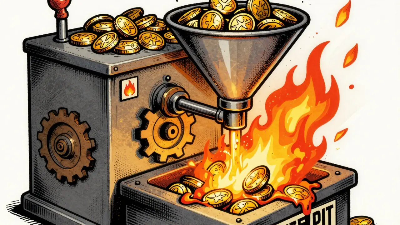 Vintage cartoon illustration of a coin-burning machine with sparks and fire