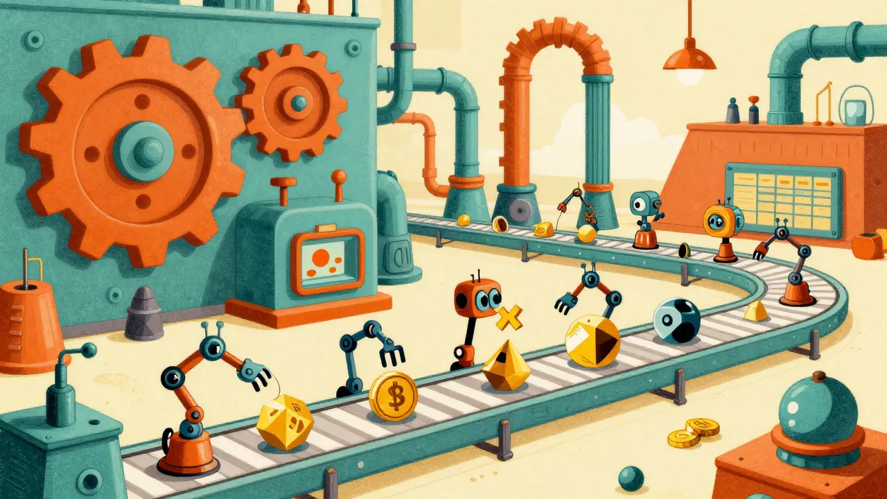 Vintage cartoon illustration of a colorful digital token swapping factory with robots.