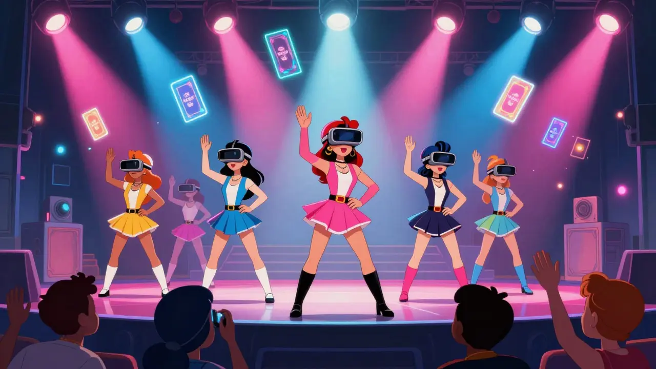 Vintage cartoon illustration of VR Dream Idols performing on a holographic stage with floating cards.
