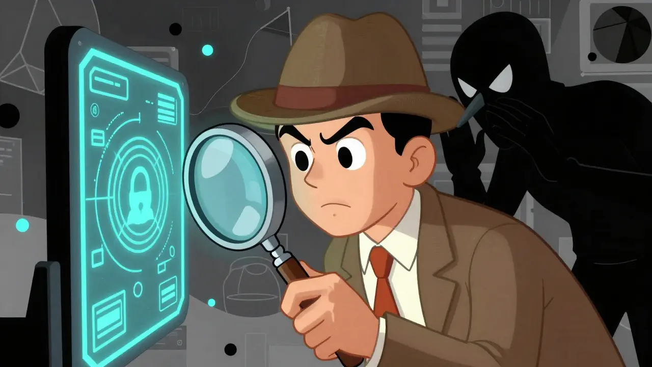 Vintage cartoon of a detective inspecting a digital portal to avoid a scammer.