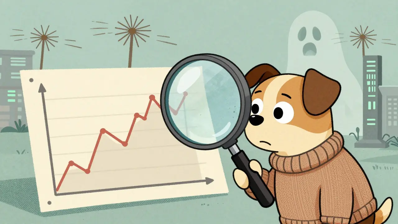 Vintage cartoon of a nervous dog examining a volatile crypto price chart with a magnifying glass.