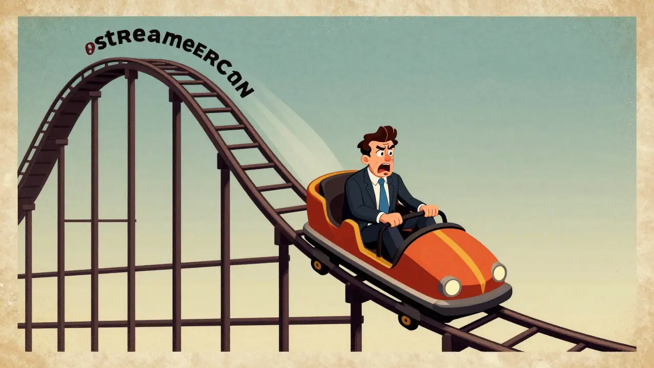Vintage cartoon of a nervous investor on a rollercoaster depicting price volatility