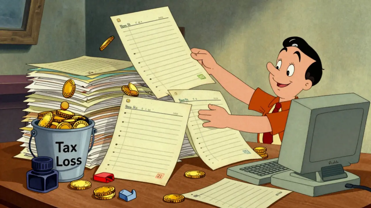 Vintage cartoon of a person using a friendly computer to organize a mountain of crypto tax records.