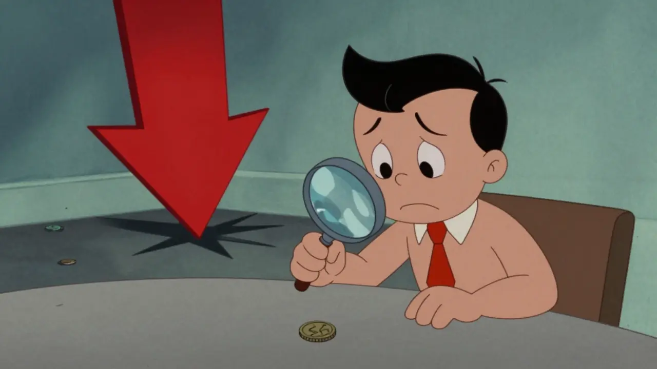 Vintage cartoon of a sad investor looking at a tiny coin with a crashing red arrow
