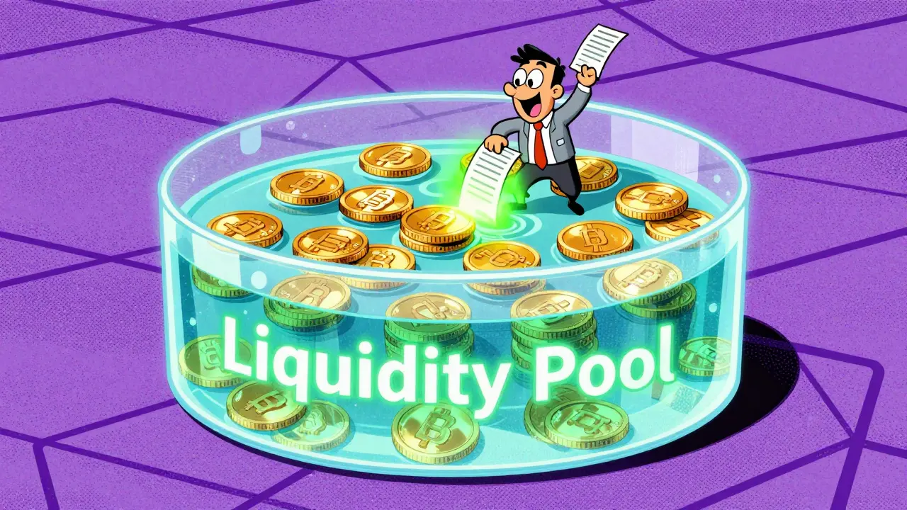 Vintage cartoon of a trader interacting with a massive, glowing digital liquidity pool on a purple network.