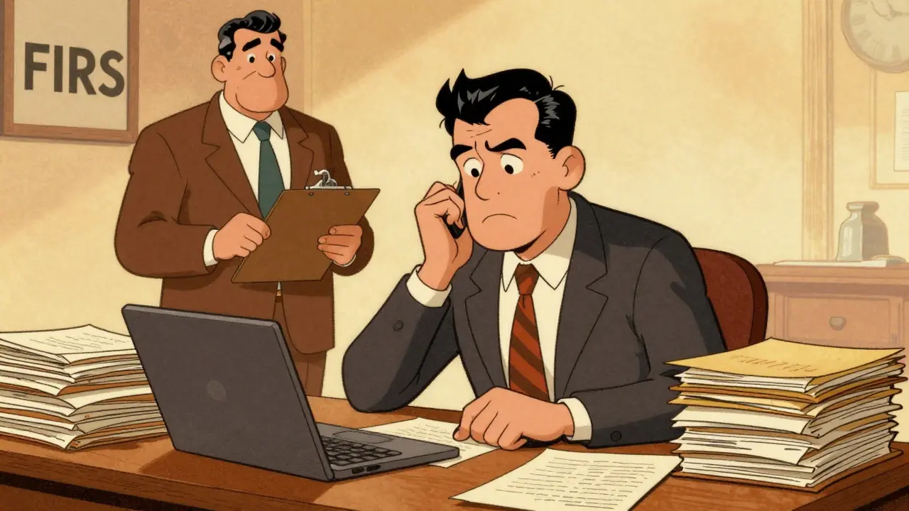 Vintage cartoon of a trader organizing financial documents for a tax official.