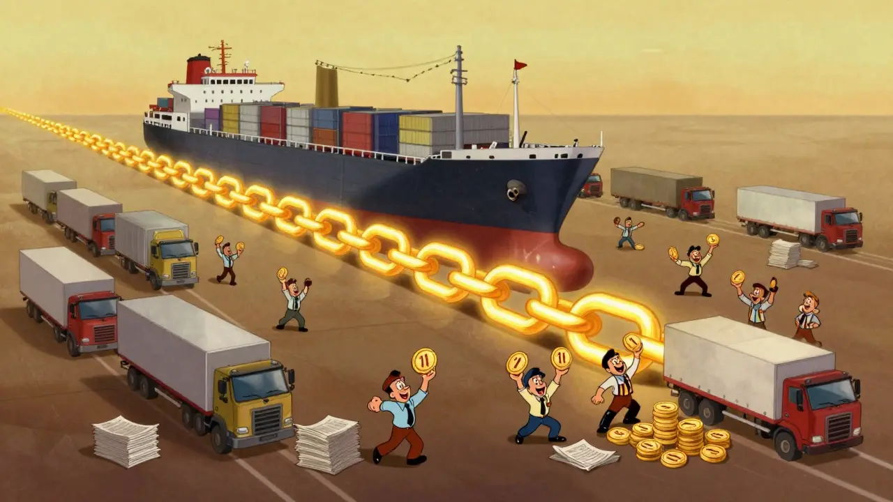 Vintage cartoon of ships and trucks connected by a glowing chain and characters exchanging digital tokens.